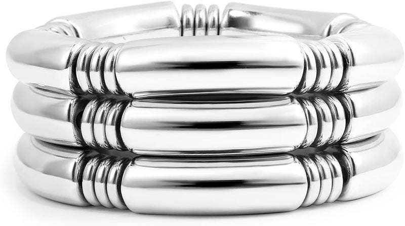 Badu Gold Chunky Bangles Bracelets For Women 14k Gold Plated Stack Layered Curved Bamboo Tube Stretch Bracelets Gift Jewelry - Image 1